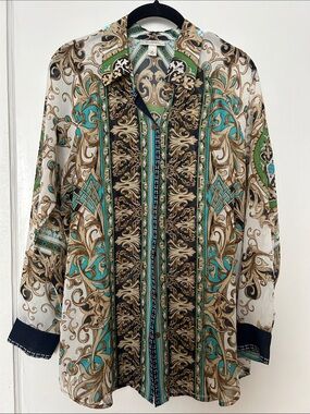Dress Barn Ornate Scroll Print Button-Up Blouse in Teal, Navy & Cream